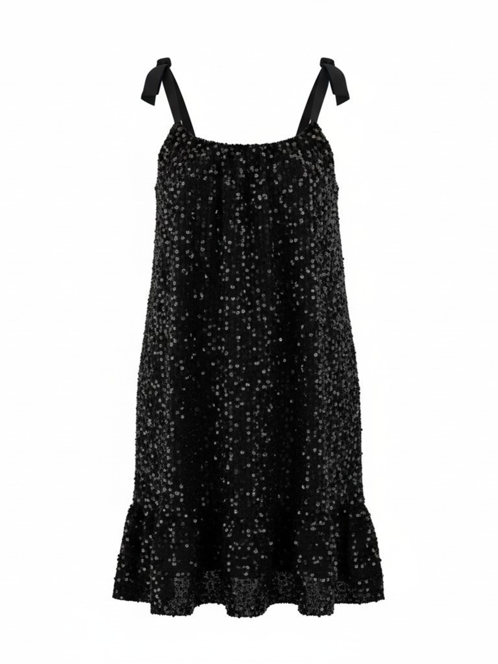 Chelsea & Violet Black Sequin Shift Trapeze Mini Dress Tie Straps Size Medium - Picture 2 of 8